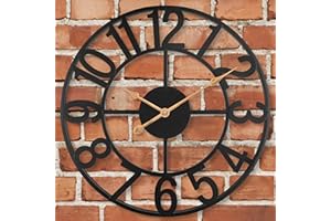 SKYNATURE 14 Inch Indoor Outdoor Clock, Slient Non-Ticking Arabic Numerals Wall Clocks Battery Operated, Vintage Modern Farmhouse Metal Wall Clock for Patio, Pool, Garden, Living Room, Kitchen Decor - Black