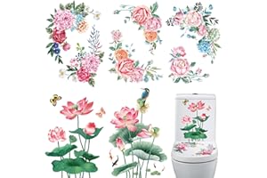 DTLIFEK 5PCS Peony and Roses Toilet Seat Stickers Self-Adhesive Pink Lotus Green Leaf Toilet Lid Decals DIY Removable Bouquet Toilet Stickers for Cistern Bathroom WC Restroom Power Switch Home Decor (B)