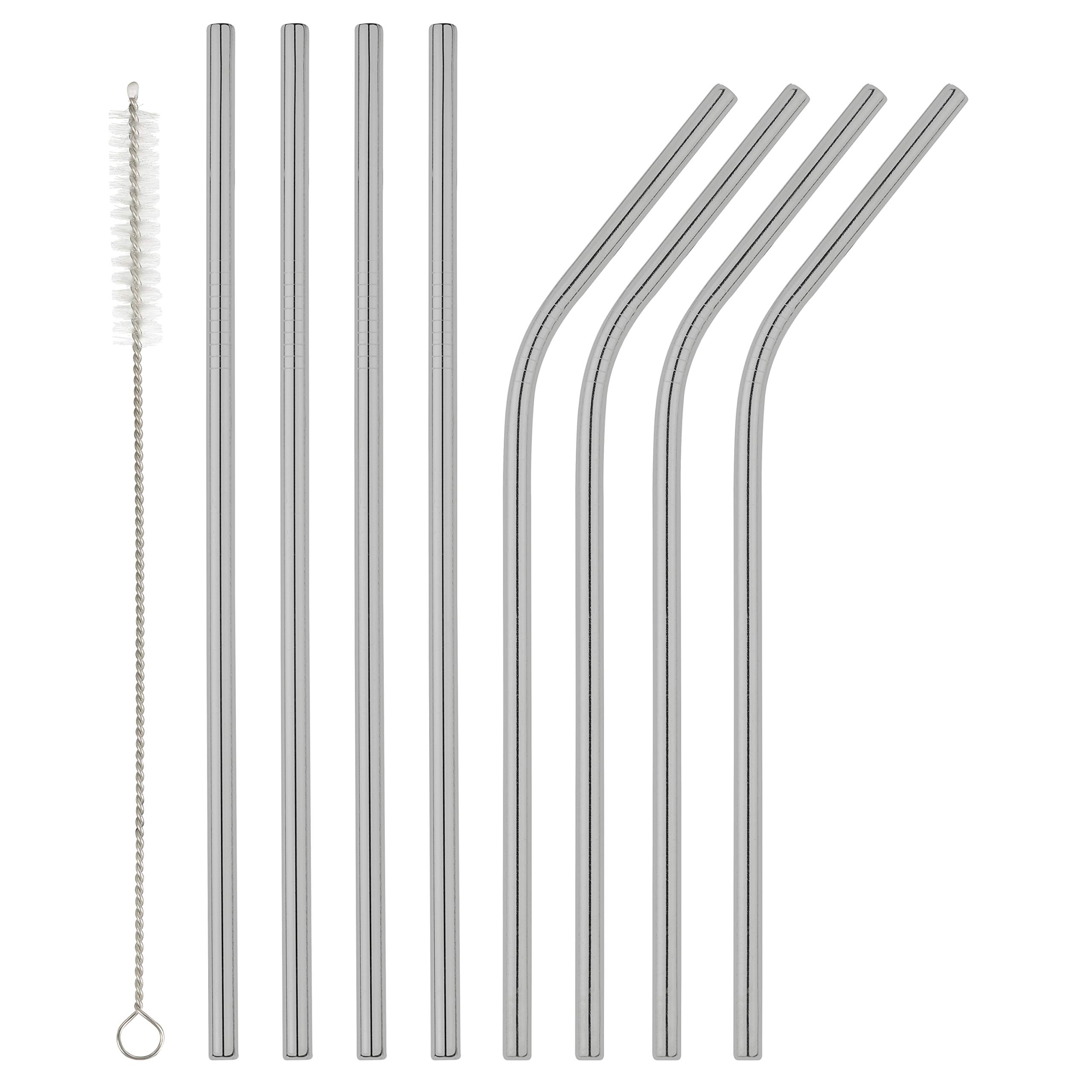 Homiu Stainless Steel Straws Forever Includes Cleaning Brush Eco-Friendly Reusable (Silver, 4 Bent + 4 Straight)