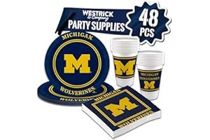 Michigan Wolverines Party Supplies 48 Piece Officially Licensed University Set: 16 oz. Plastic Beverage Cups, 9" Paper Plates, Luncheon Napkins, Complete Party Supplies for 16 Guests by Westrick