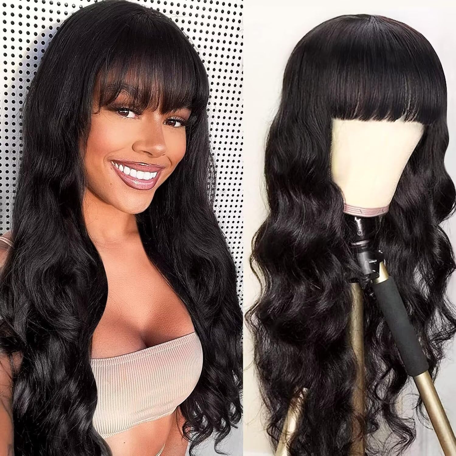 Human Hair Wig with Bangs for Black Women Brazilian Virgin Human Hair Bang Wig Body Wave Human Hair Wigs with Fringe 150% Density Body Wave Wavy Wigs 24 Inch Natural Black Color