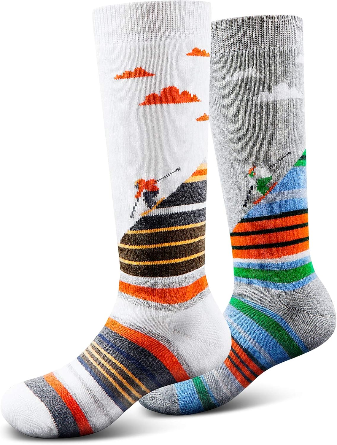 Ski Socks Kids Winter Warm Thermal Snow Socks, Skiing Snowboarding Skating for Toddler Boys and Girls (2 Pairs or 3 Pairs)(2 Pack ( Orange&gray ), Medium(10-13)): Clothing