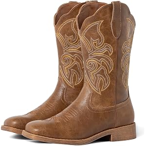 WrangWalker Cowboy Boots for Women Brown Cowgirl Boots Square Toe | Mid Calf Western Cowgirl Style, Fashion Embroidered, Comf