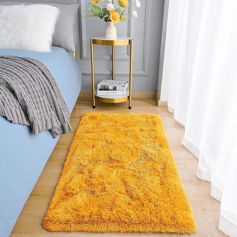 Aspire Homeware Ochre Plush Rug 60x110 cm Non Slip Shaggy Area Carpet