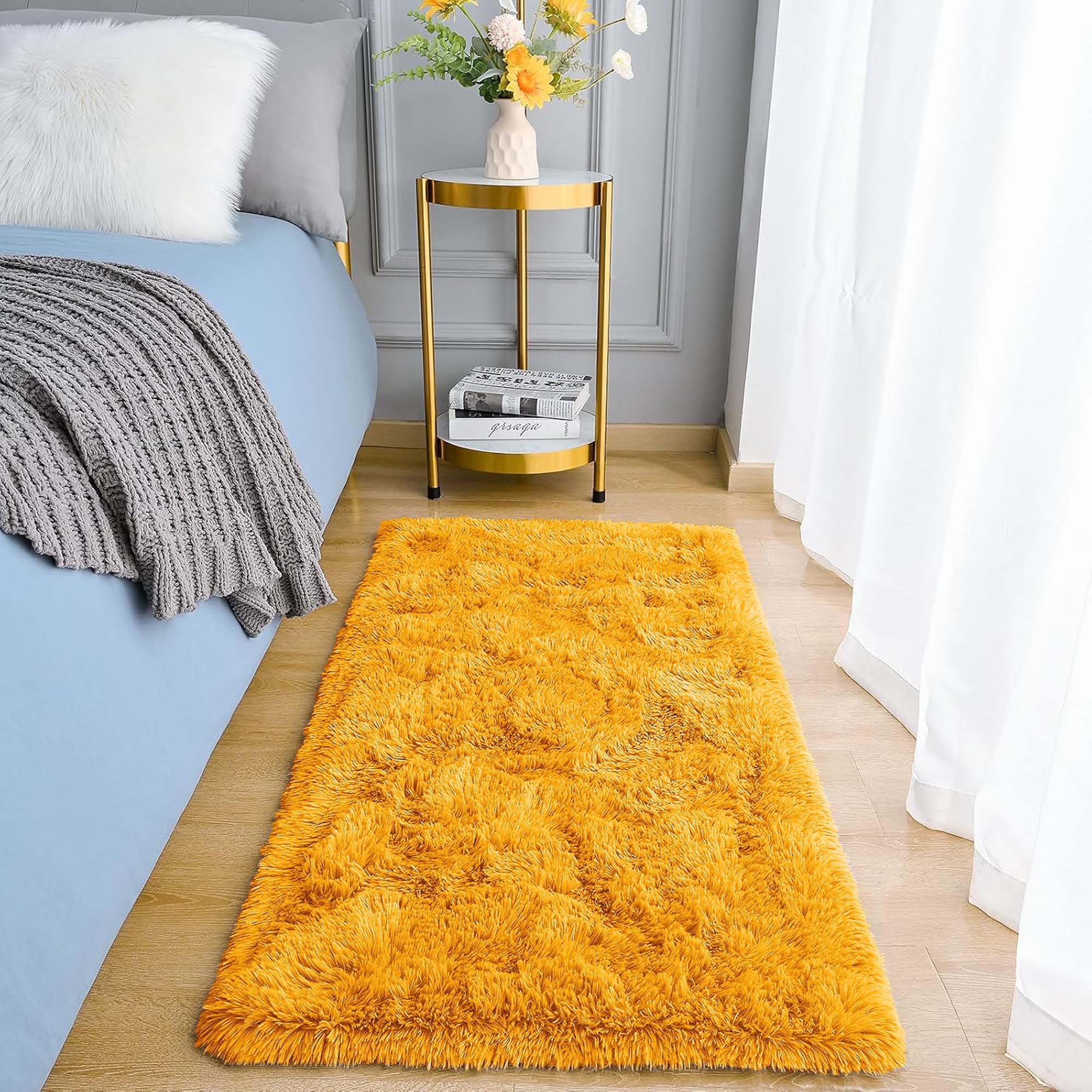 Aspire Homeware Rugs Living Room - Area Rugs for Bedroom Anti Slip - Modern Super Soft Thick Pile Fluffy Shaggy Rug Non Shedding, Ochre, 60cm x 110 cm — image 1