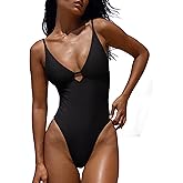 LASLULU Women's Sexy One Piece Swimsuits V Neck Padded Bathing Suit Modest Front Cutout Open Back Slimming Swimsuit