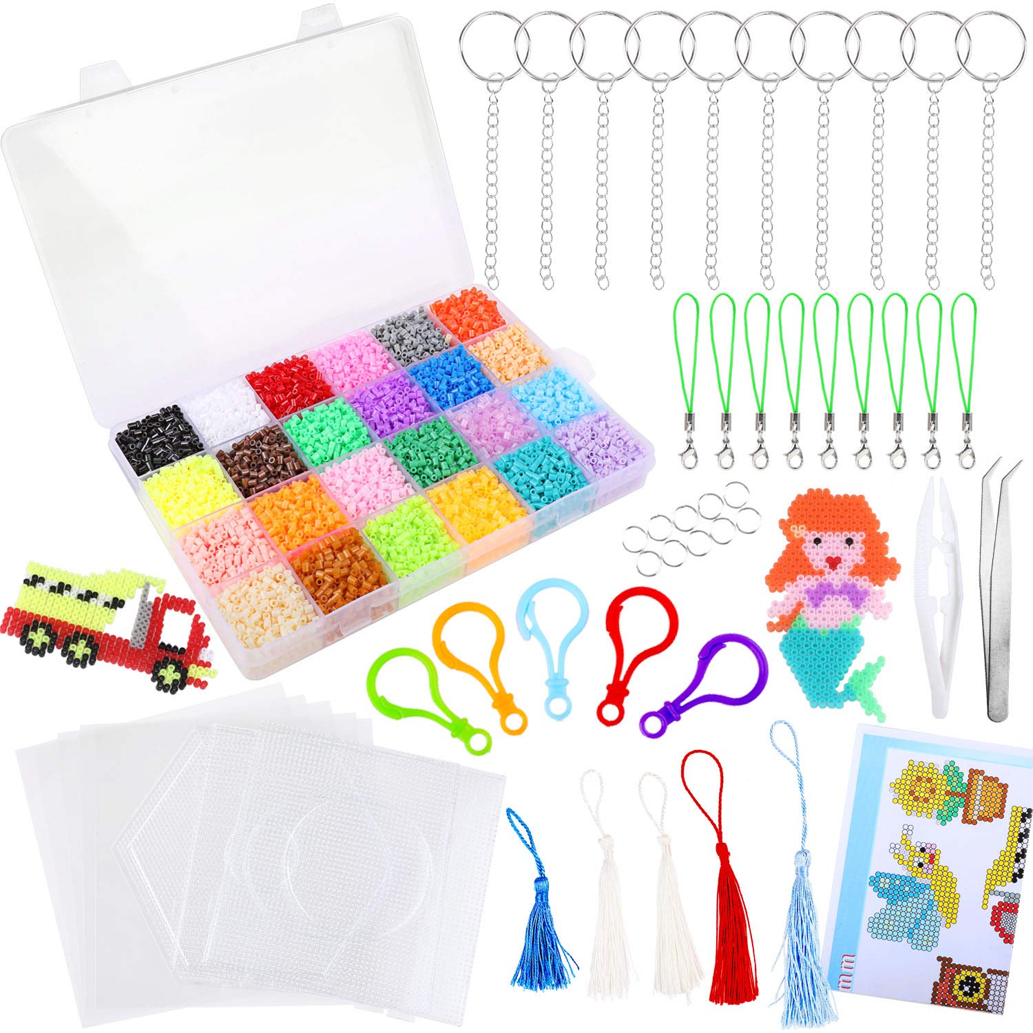 Konsait 22000PCS 2.6MM Mini DIY Fuse Beads Set 24 Colours, 3 Large Plastic Fuse Beads Pegboards Template Beads Boards, 5 Iron Papers, 2 Tweezers, 15 Key Rings, 15 Hang Cords, Idea Design Booklet