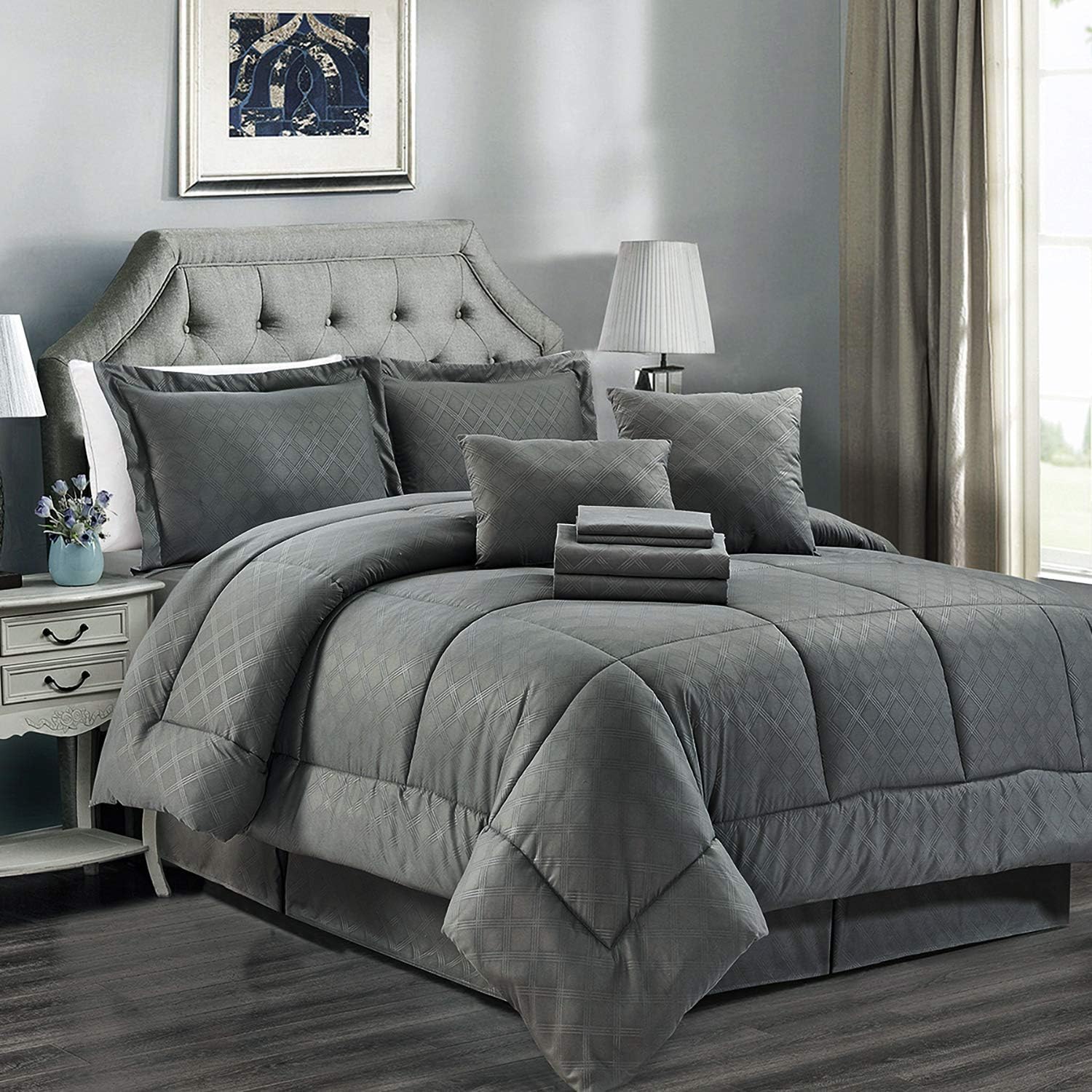 JML Comforter Set, 10 Piece Microfiber Bedding Comforter Sets with Shams - Luxury Solid Color Quilted Embroidered Pattern, Perfect for Any Bed Room or Guest Room (Grey, Cal King): Home & Kitchen