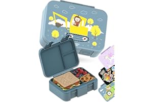 BEARFOOT Kids Lunch Box with Compartments – Compact & Lightweight | Leak-Proof, BPA-Free, Dishwasher & Microwave Safe | Hand-Drawn Design for Preschool, School, Travel (Excavator Monkey Blue, 2.75 Cups)
