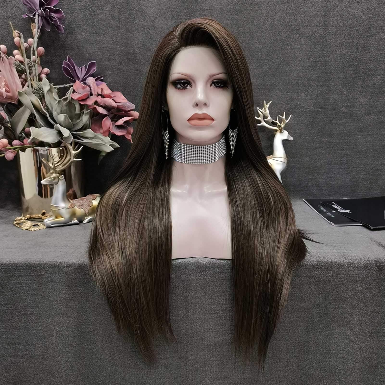 Imstyle Dark Brown Wig Long Straight Synthetic Hair Brunette Wigs for Women Natural Hairline Daily Hair Extension Wig 26"