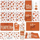 Irenare 16 Pcs Fall Thanksgiving Kitchen Decor Set | Autumn Pumpkins Stripe, 4 Kitchen Towels, 4 Placemats, 2 Floor Mats, 2 Gloves, 2 Heat-Resistant Pot Holders, 2 Curtains