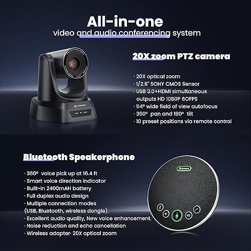 TONGVEO HDMI 20X Optical Zoom PTZ Conference Room Camera System, 1080P  60fps Computer Camera with Micro
