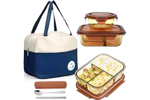 RAIN QUEEN 3 Compartments Glass Bento Box with Lunch Bag Cutlery Soup Bowl Portable Lunch Box Set for School Work Picnic Trav