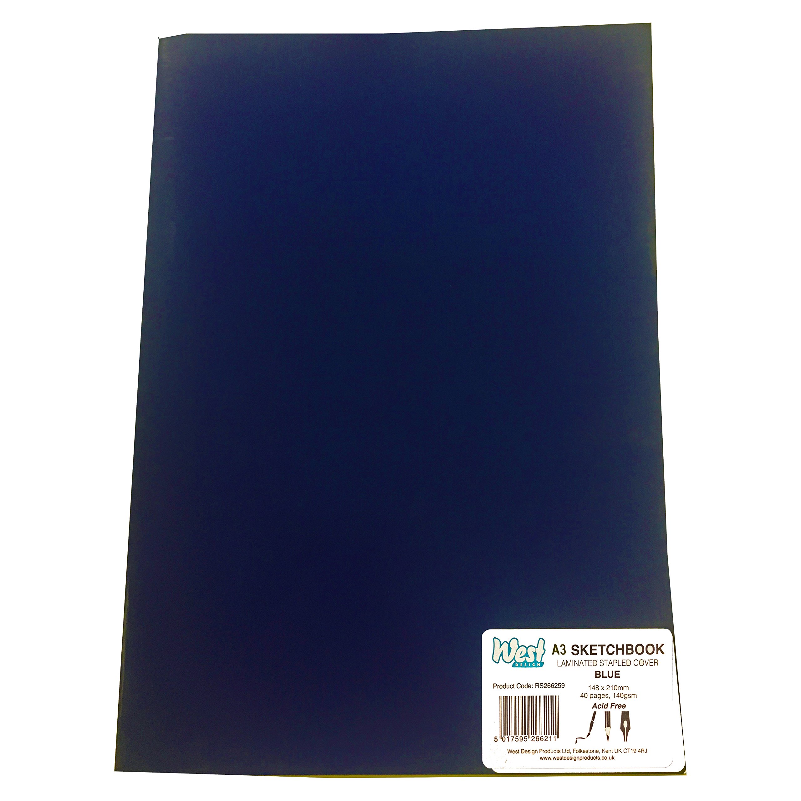 West Design - A3 Sketchbook, 140gsm, 40 White Pages, Stapled Laminated Blue Cover, Crisp, Acid Free Plain, Blank Paper, Sketch, Draw, Journal, Scrapbook, Drawing Pad, Notebook, Home, Art Supplies
