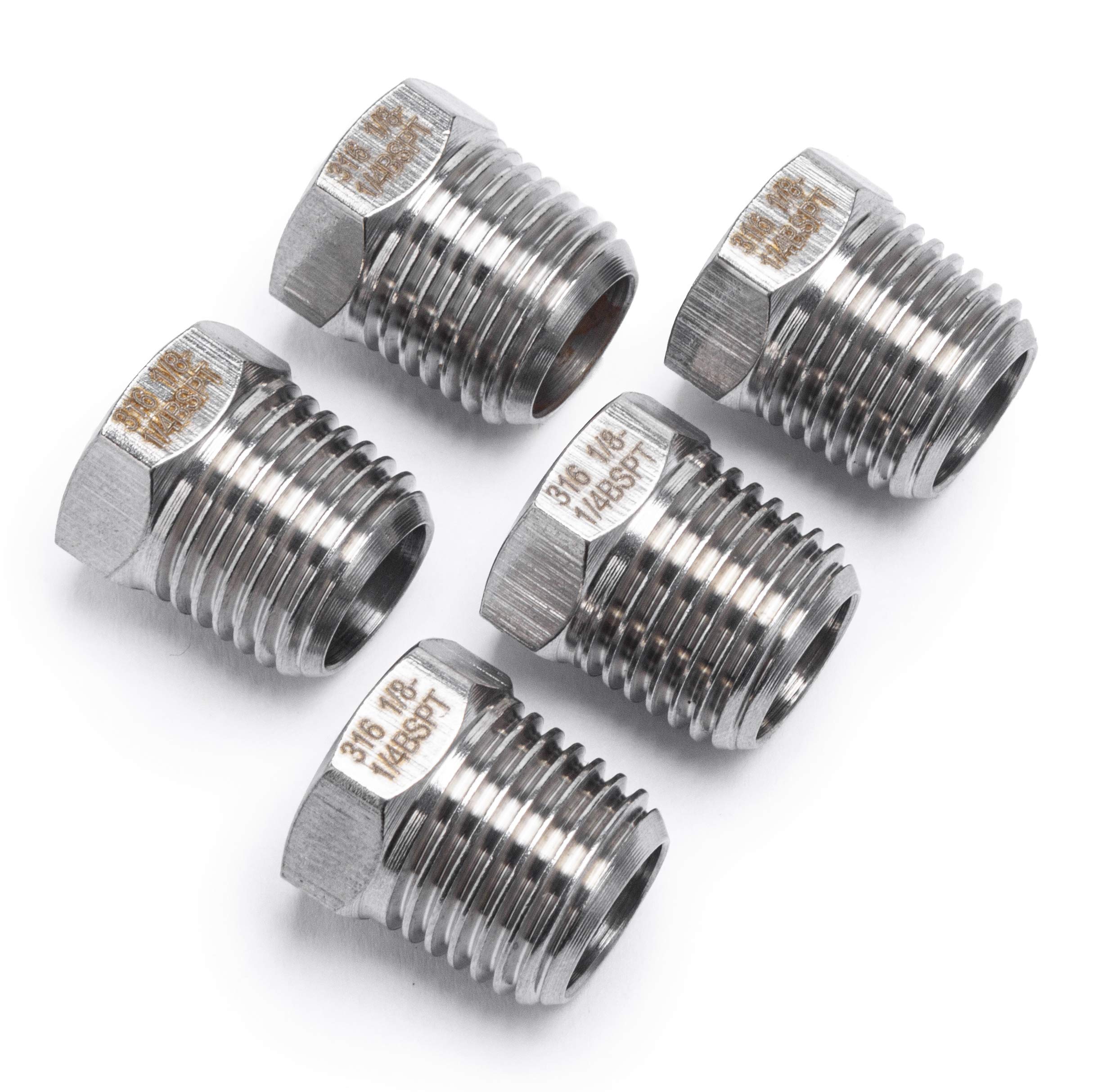 LTWFITTING Stainless Steel 316 Pipe Hex Bushing Reducer Fittings 1/4-Inch Male BSPT x 1/8-Inch Female BSPP Air Fuel Boat (Pack of 5)