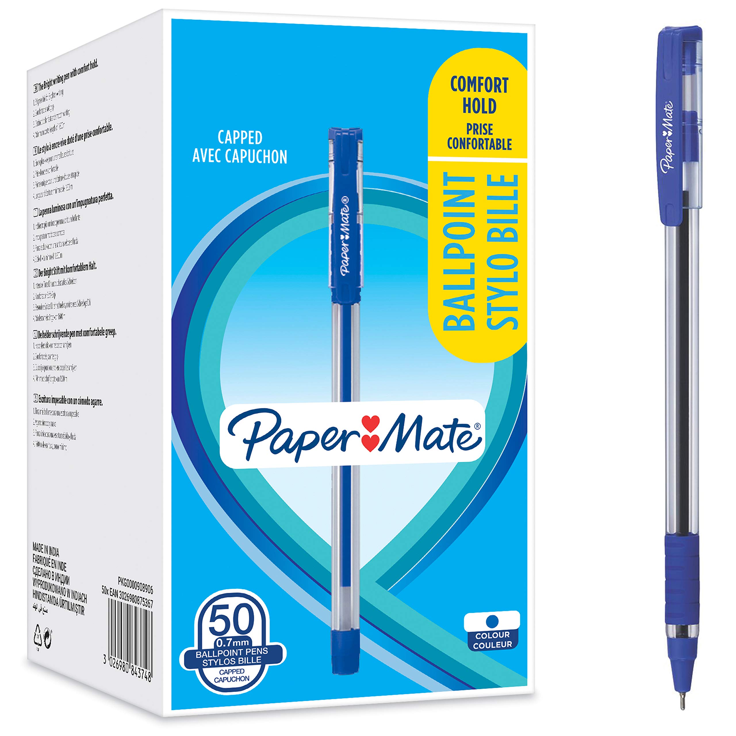 Paper Mate Ballpoint Pens, Comfort Grip, Fine Point (0.7mm), Blue, 50 Count