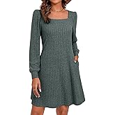 Riyiper Women's Square Neck Sweater Dress Long Sleeve Ribbed Knitted Casual Fall Winter Knee Length Dress with Pocket