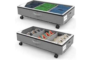 JIYINGDUO 3rd Generation Under Bed Storage with Wheels 2-in-1 Underbed Storage Bins Containers Label Shoe Storage Organizer Drawer Bag Clear Window Solid Fabric for Bedroom Clothes Shoe Blanket (two-grey)