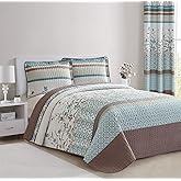 All American Collection 3 PC Floral Printed Brown and Turquoise Reversible Bedspread Quilt Set Coverlet and Pillow Sham Set Full/Queen Size