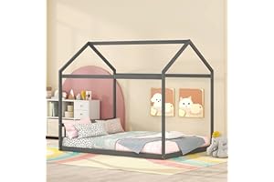 MERITLINE Kids Queen Size House Bed Frame Wooden House Floor Bed with Headboard for Kids Montessori Bed with Support Slats for Boys Girls Toddlers (Grey)