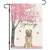 DLZDN Hello Spring Dog Garden Flag Golden Retriever Cherry Blossom Floral Garden Flag 12×18 Inch Double Sided Vertical Burlap Farmhouse Yard Flag Spring Seasonal Outdoor Decor