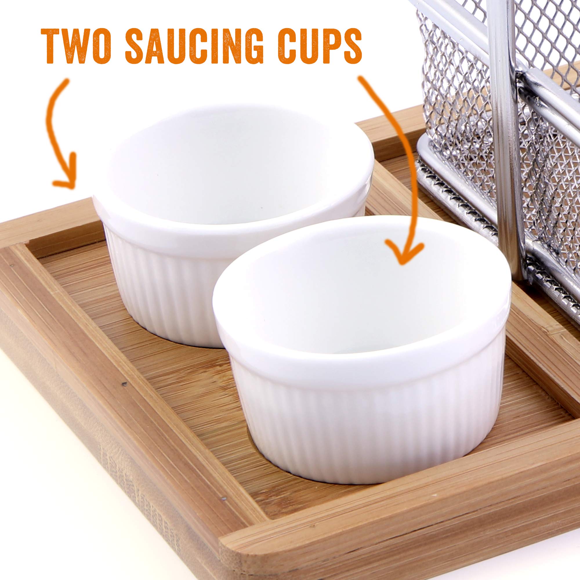 Yukon Glory YG-605 Magnificent Chip & Dip Serving Basket Bamboo Board and Sauce Cup Set for French Fries Fried Fish and More