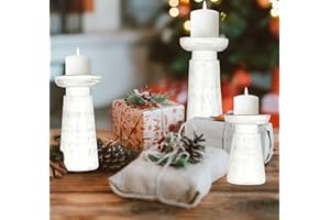 HOMEBIA DESIGNS Candle Stands Wooden for Pillar Candles,Rounded Turned Colums, Sustainable Woods, Country Style, Ideal for Reiki, Aromatherapy, Votive Candle Gardens Home décor - 10,8,6 Inch Set of 3 - Antique White