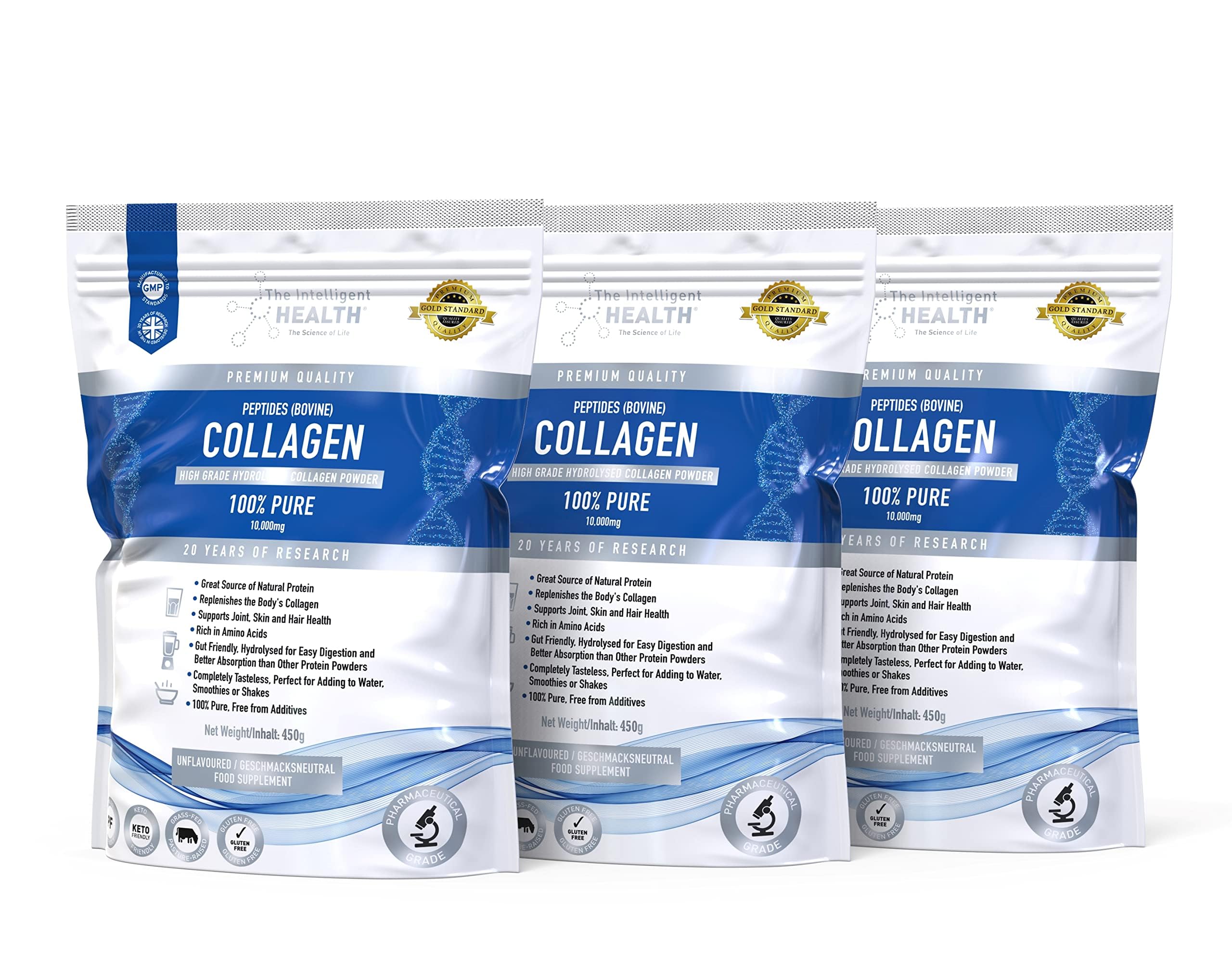 The Intelligent Health Collagen Powder, Hydrolysed Bovine Peptides, Unflavoured Protein Formula, Grass Fed, Collagen Supplement for Women & Men, 450g, Pack of 3 — image 1