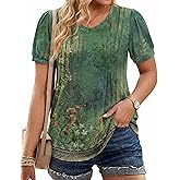IN'VOLAND Plus Size Tops for Women Summer Puff Short Sleeve Tunic Pleated V Neck Shirts Casual Floral Solid Blouse
