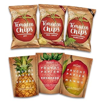 Getrocknete Früchte I Tomatenchips I 6er Set I Süß und Salzig I Frucht Snack aus Apfel, Mango, Ananas, Erdbeere I Chips aus T