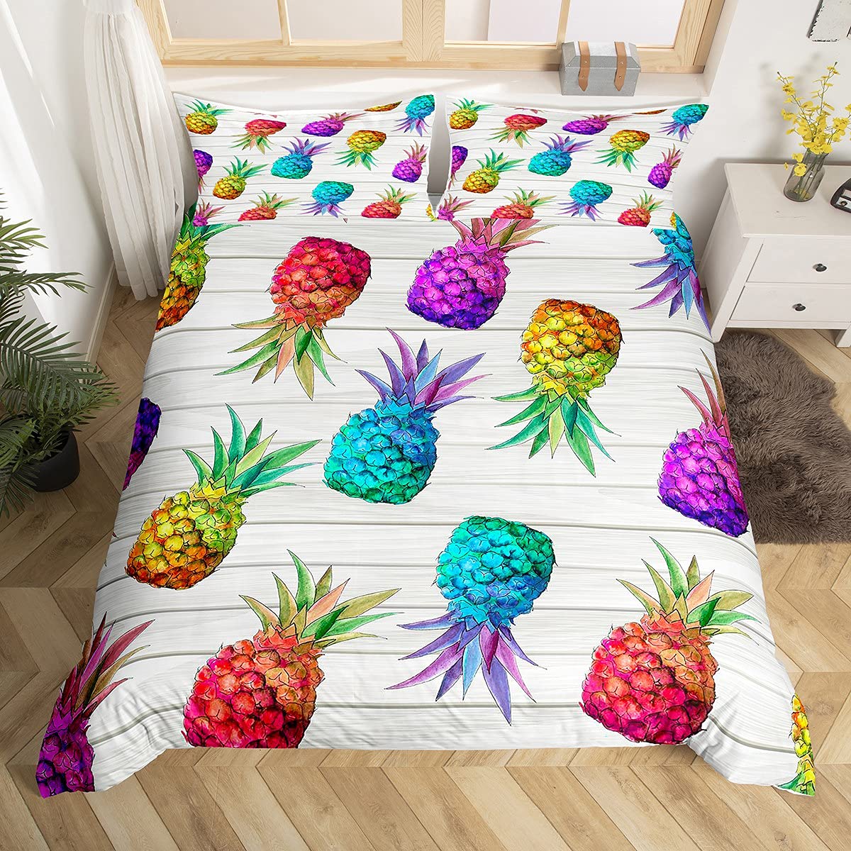 Homemissing Pineapple Bedding Set Cute Tropical Fruit Comforter Cover for Kids Boys Girls Summer Fresh Pineapple Duvet Cover Wooden Plank Bedding & Linen Bright Colorful Bedding & Linen Double Size