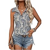 SweatyRocks Women's Sleeveless Collar Blouse Print Button Down Shirts Boho Summer Tank Tops