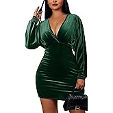 YMDUCH Women's Elegant Deep V Neck Long Sleeve Batwing Bodycon Velvet Mini Party Club Dress