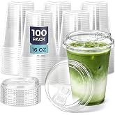 Fit Meal Prep 100 Pack 16 oz Clear Plastic Cups With Strawless Sip Lids, Disposable To Go Cups for Iced Coffee, Smoothies, Soda, Party Drinks, Bubble Tea, Cold Beverage