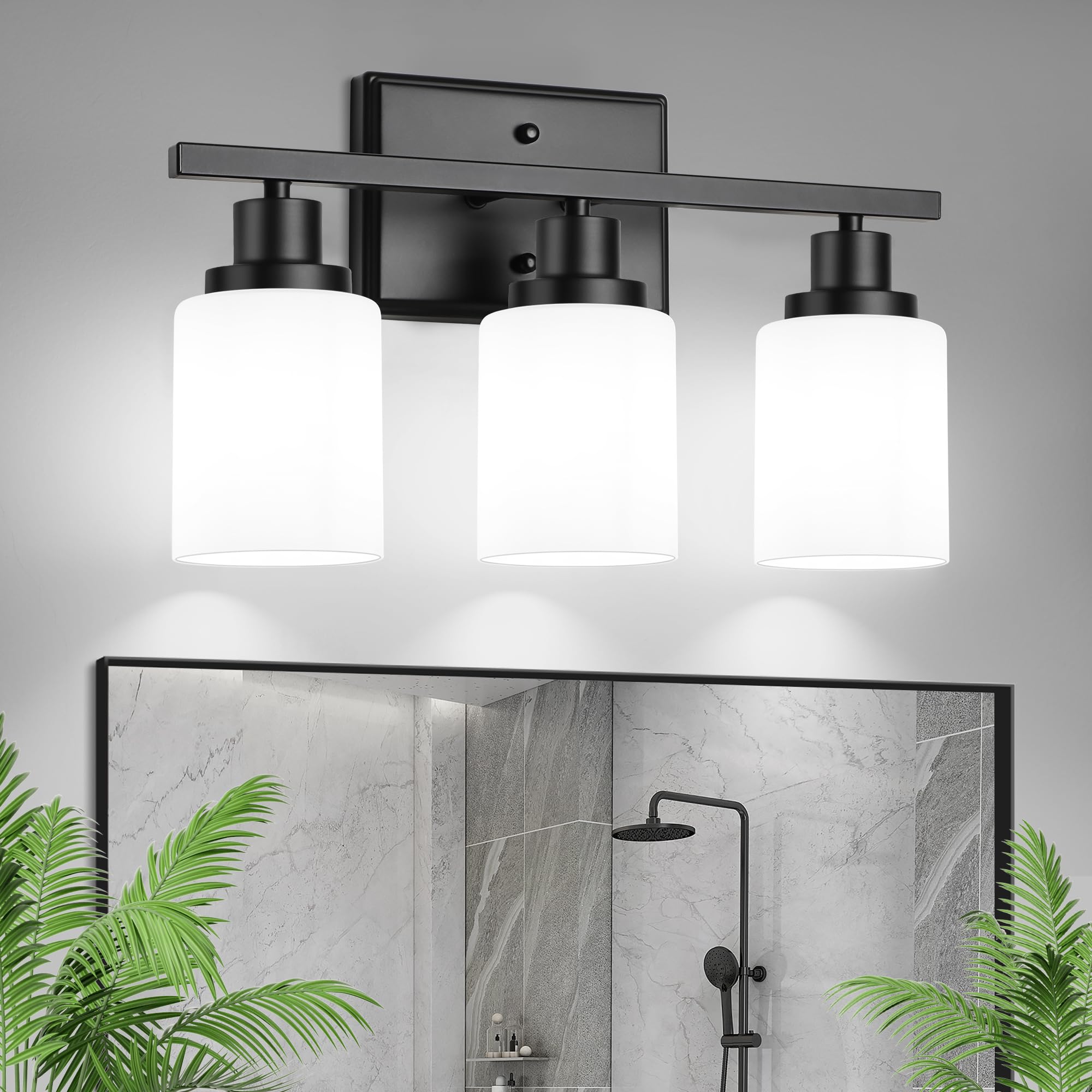 Ascher Bathroom Light Fixtures, 3-Light Vanity Light Over Mirror, Modern Matte Black Wall Sconces with Milky White Shades, Wall Lamp for Kitchen Hallway Cabinet Porch E26 Base Image