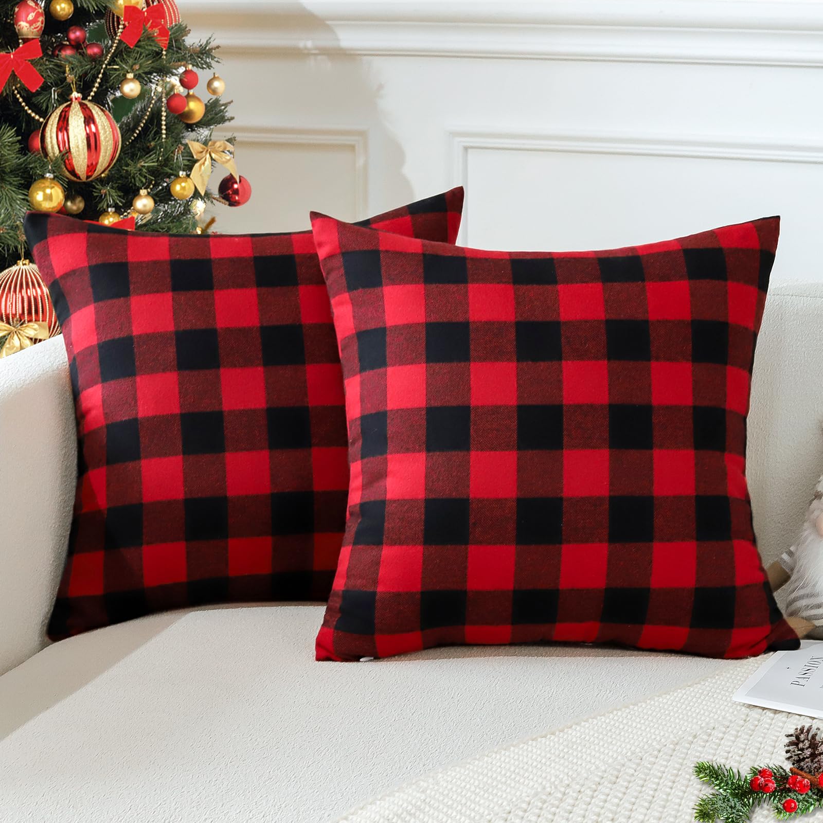 JOTOM Christmas Plaids Tartan Linen Throw Pillow Covers Buffalo Check Plaids Cushion Cover for Home Sofa Car Decorative Pillowcases Set of 2 50 x 50cm (Red and Black)