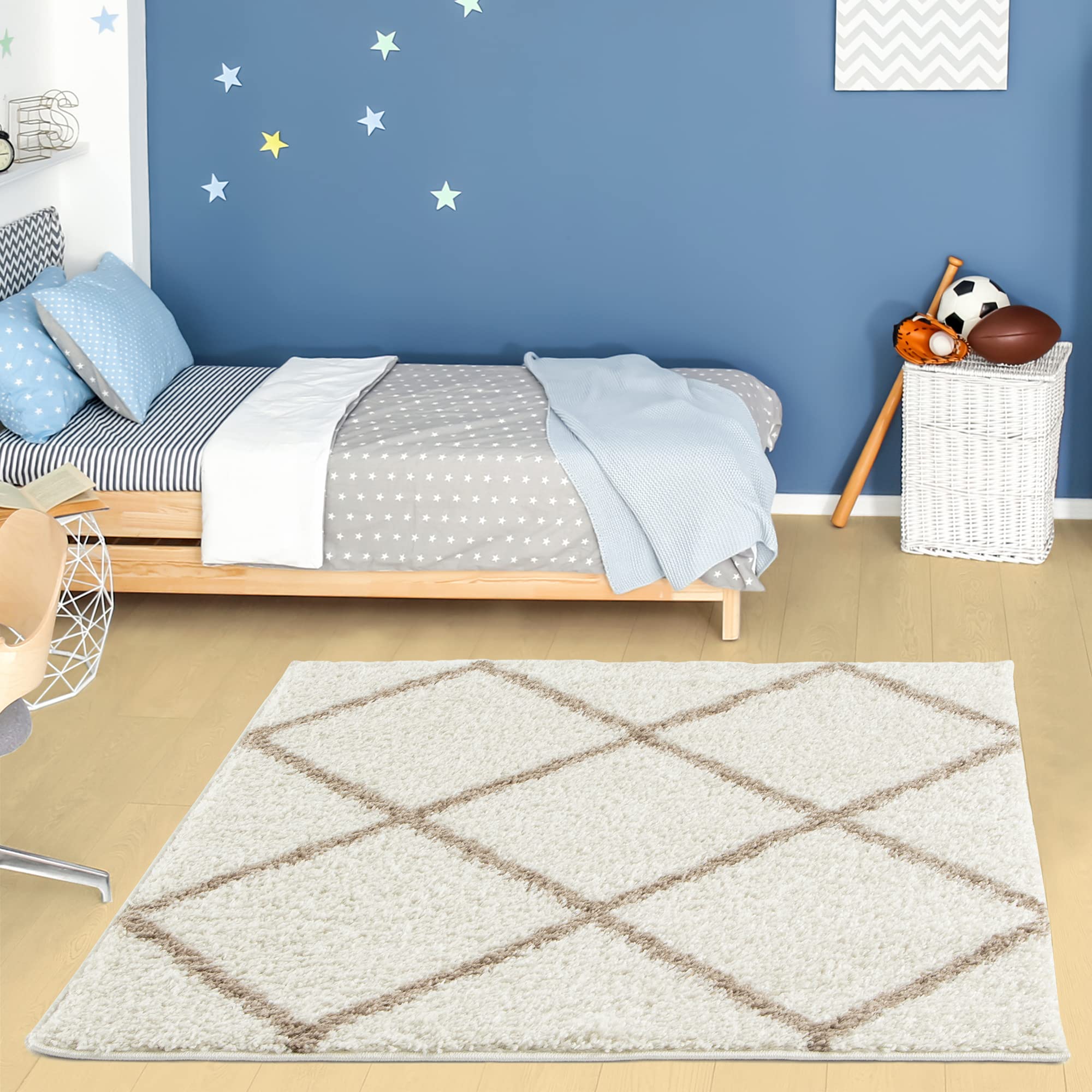 THE RUGS Shaggy Rug – Modern Moroccan Design Rugs for Living Room, Bedroom, Hallway, 3 cm Thick Area Rugs, (Diamond Ivory/Beige, 120cm Square)