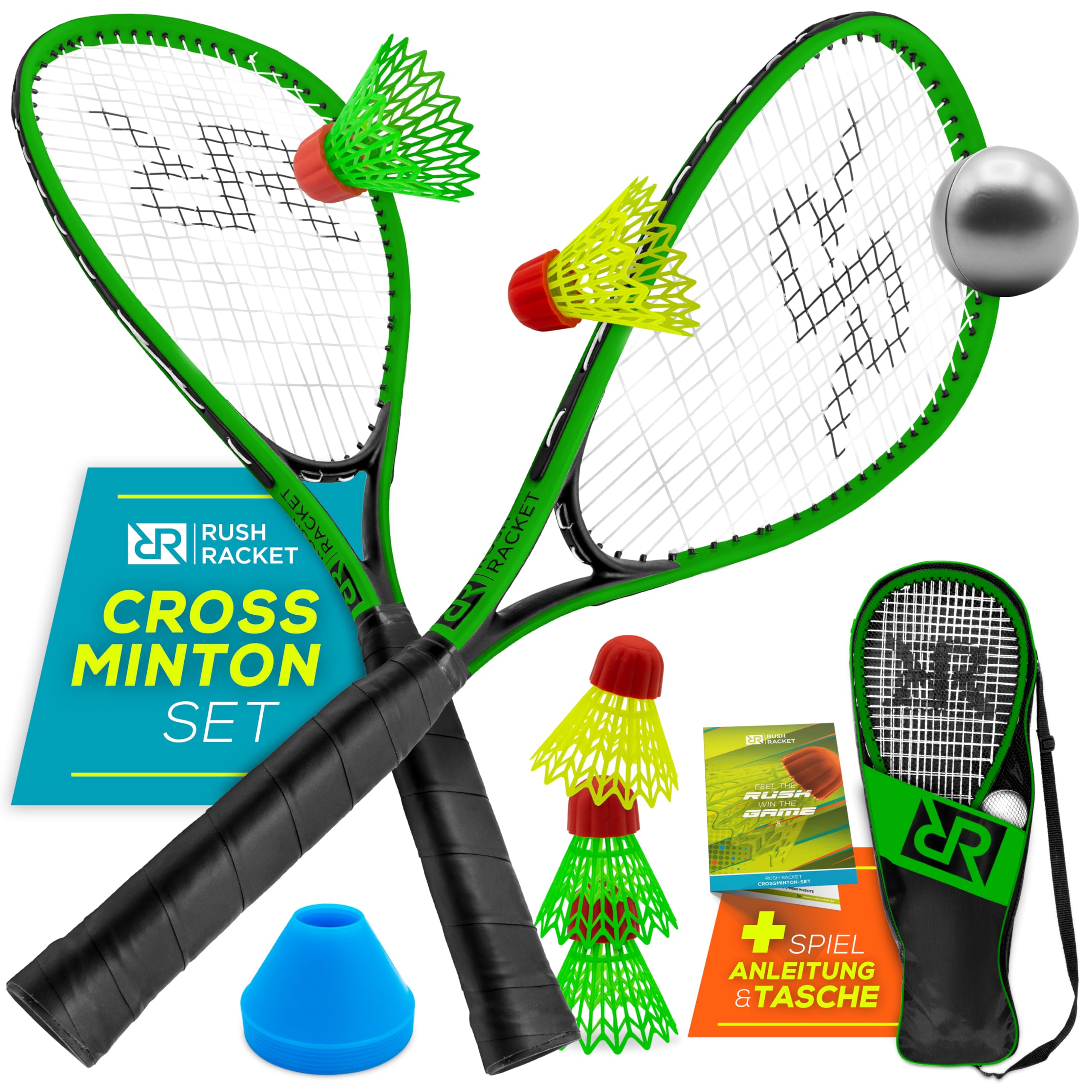 Rush Racket Speed Badminton Set RS3 - 5-Piece Crossminton Set with 2 Turbo Badminton Rackets, 5 Shuttlecocks, 1 Softball, 8 Field Markers & Carry Bag - Outdoor & Indoor Speed Badminton - Green