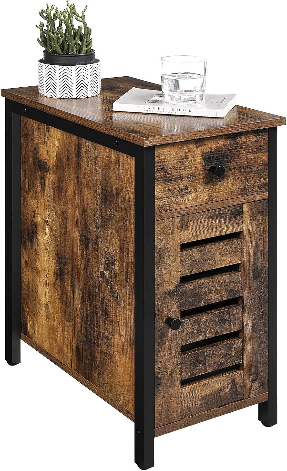 VASAGLE Narrow Side Table, End Table with Drawer, Shutter Door, Nightstand for Small Spaces, Living Room, Industrial Style, Rustic Brown and Black ULET066B01: Kitchen & Dining