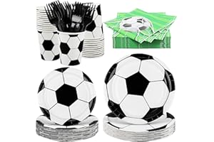 durony 144 Pieces Soccer Paper Plates and Napkins Dinnerware Set Soccer Birthday Party Tableware Supplies Includes Paper Plates Napkins Forks Serve 24 for Sports Party Supplies