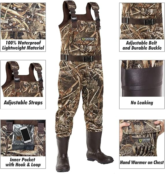 OXYVAN DUCK HUNTING WADERS WITH 600G RUBBER BOOTS WATERPROOF INSULATED, NEOPRENE REALTREE MAX5 CAMO FISHING CHEST WADERS FOR BIG AND TALL MEN & WOMEN(INCLUDES BOOTS HANGER&STORAGE BAG)