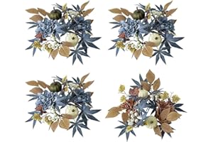 4pcs Fall Pumpkin and Maple Leaves Candle Rings Wreaths, 3 Inch Center Small Berry Wreaths for Pillar Candles, Floral Pillar 