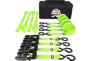 Vehiclex Ratchet Strap Motorcycle & Powersports Tie-Downs – 1.5" x 8 ft Kit – (4PK Green) Heavy Duty Straps & Soft Loops for Moving & Securing ATV, UTV – Vinyl Coated Deep S-Hook & Lockable Handle