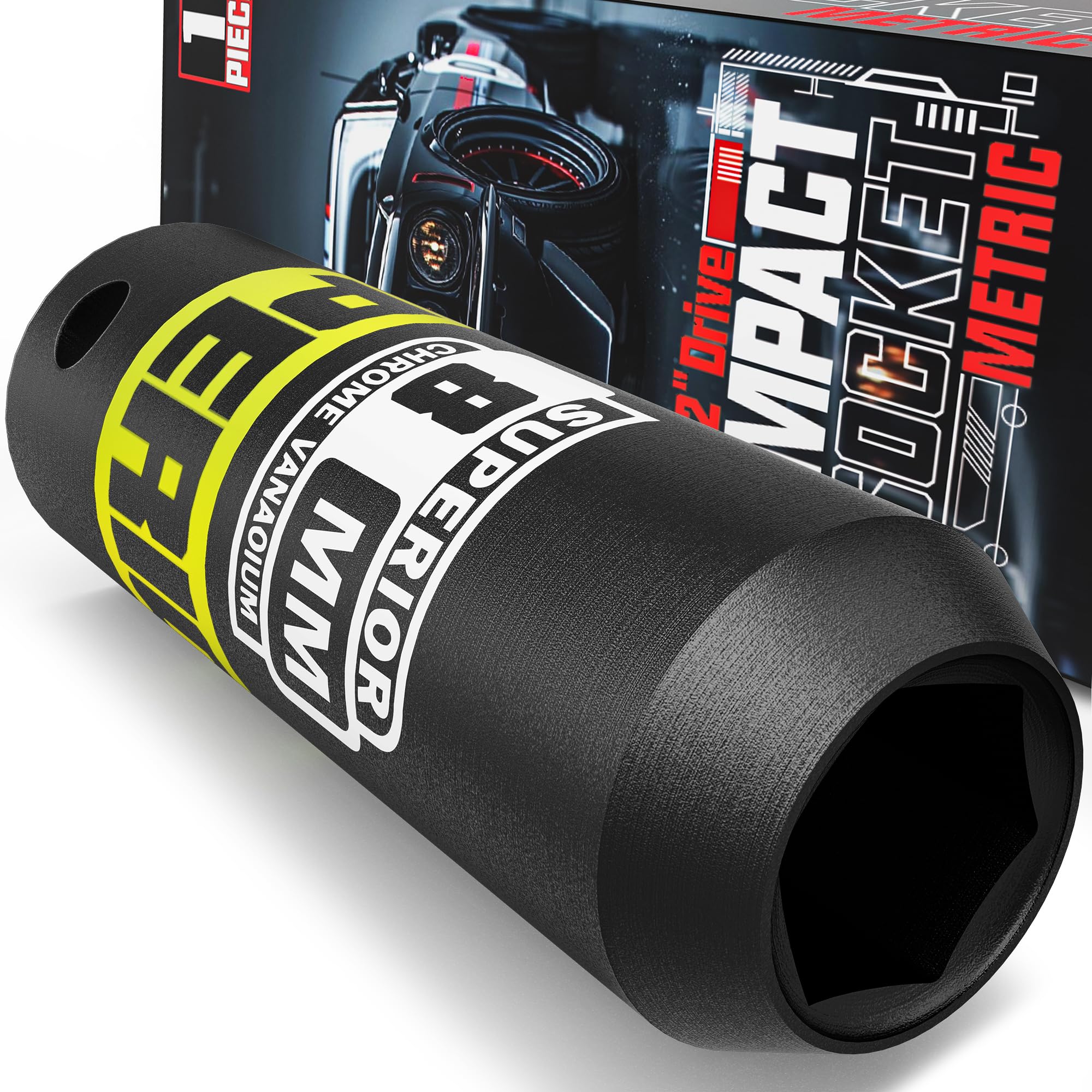 KIRXST 1/2" Drive 8mm Deep Impact Socket, 6 Point CR-V Deep Socket, 78mm Length, Auto Trucks Car Tires Repairing DIY Mechanic Tool