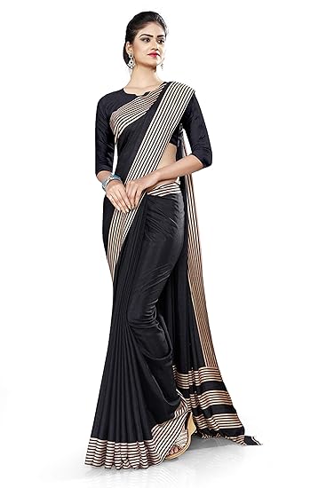 Uniform Sarees Corp Womens Plain Border Polycotton Raw Silk Jewellery Showroom Uniform Saree With Blouse (Black)