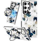 Lotadilo for Samsung Galaxy S23 Ultra Case for Women - Girls Funny Cute Design Compatible with Magsafe Magnetic Ring Holder Stand Blue Flower Phone Covers Aesthetic Girly TPU Funda for S23 Ultra