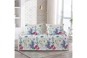 Jarson 3 Piece Floral Daybed Cover Set Twin Purple Blue Green Flower Quilted Daybed Bedding Sets Double Side Cozy Sofa Daybed Cover with 2 Shams