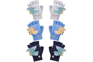 Bencailor 3 Pair Convertible Mittens Kids Knitted Warm Fingerless Gloves Toddler Cartoon Gloves with Mitten Cover for Boy Girl (Blue, Navy, Gray, Dinosaur)