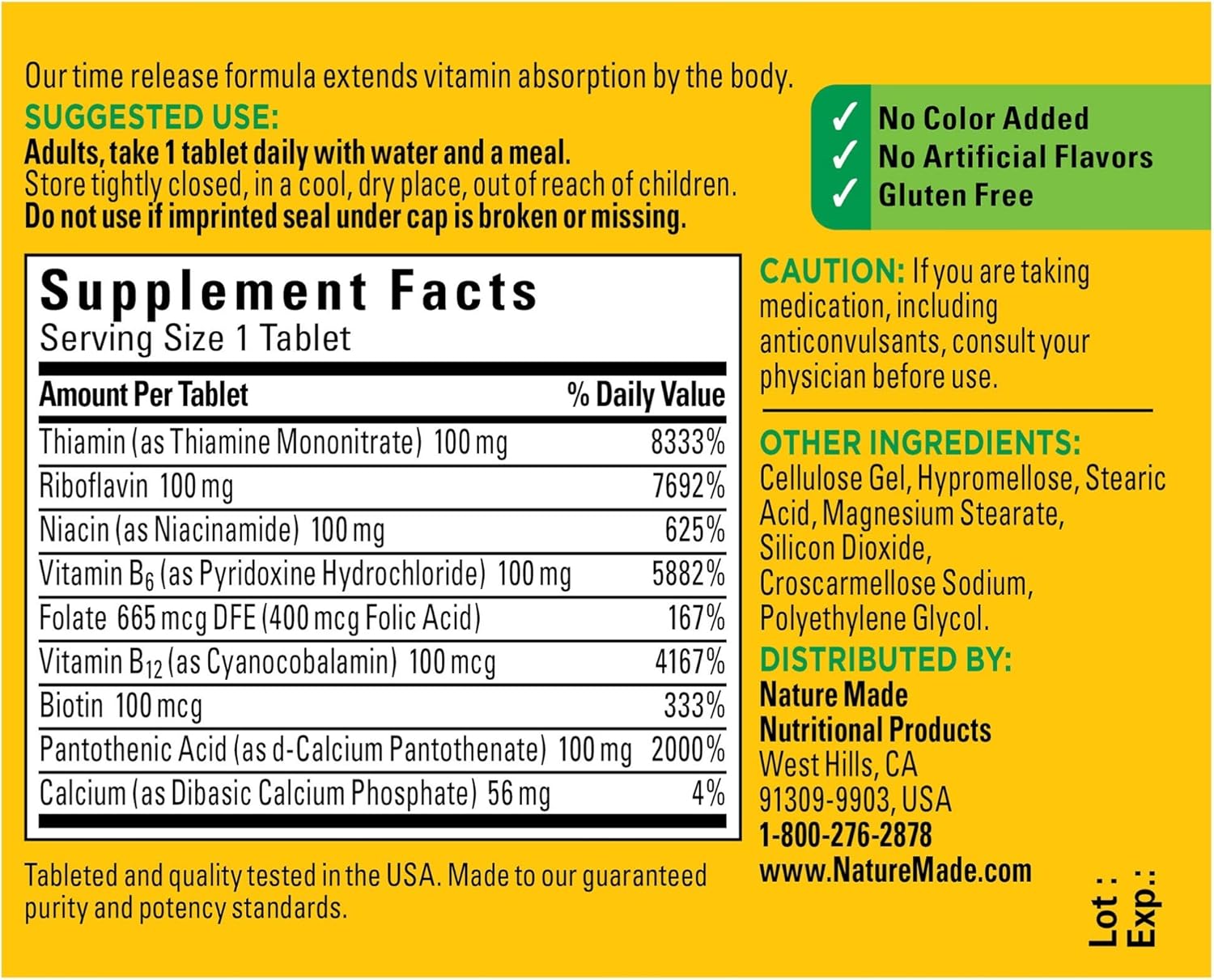 Nature Made B-100 Complex Time Release Tablets, 60 Count for Metabolic Health: Health & Personal Care