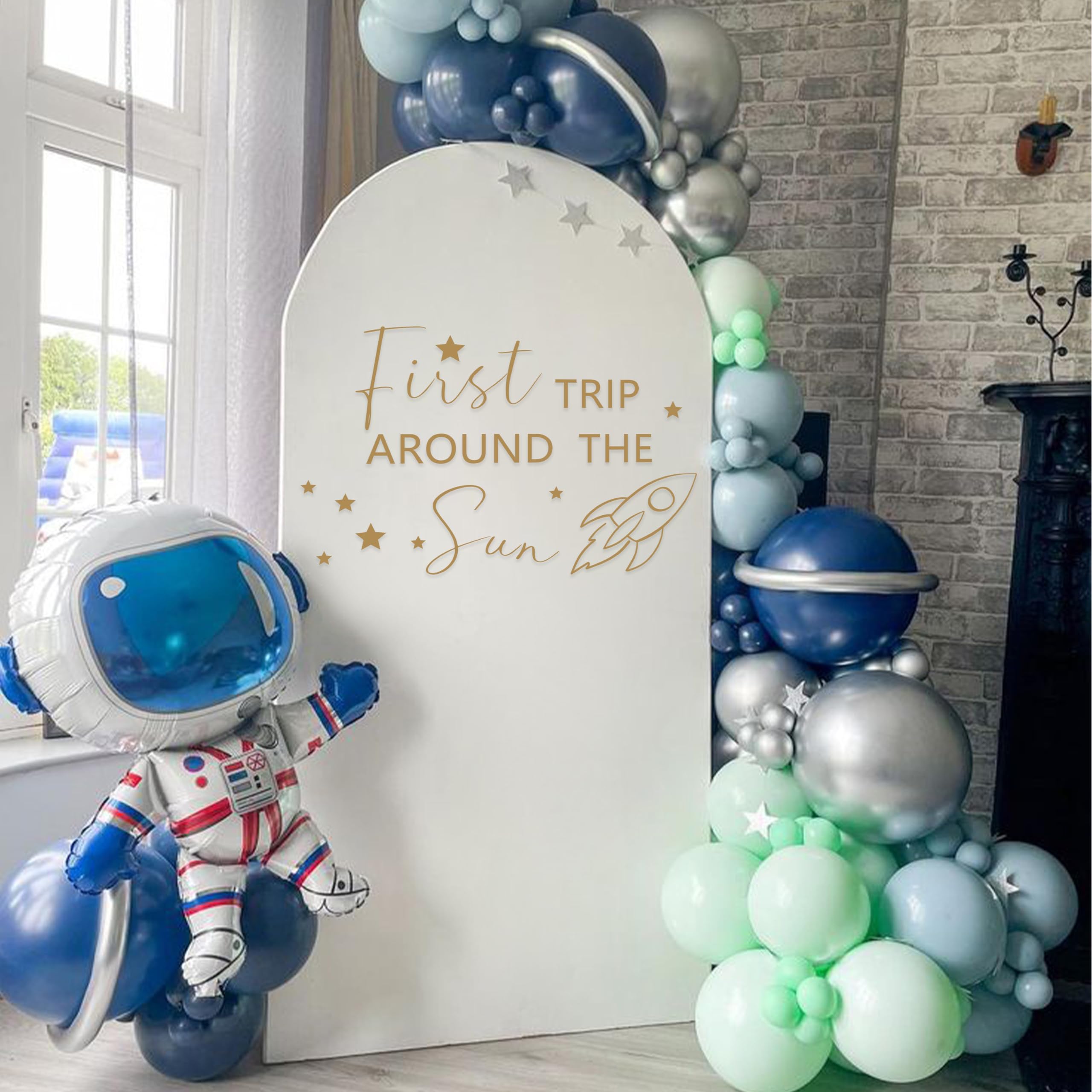 Photo 1 of First Trip Around The Sun Balloon Arch Decoration - Space Theme 1st Birthday Party Decorations, Sun Theme Birthday Party Supplies, Outer Space Theme Birthday Decor Sticker